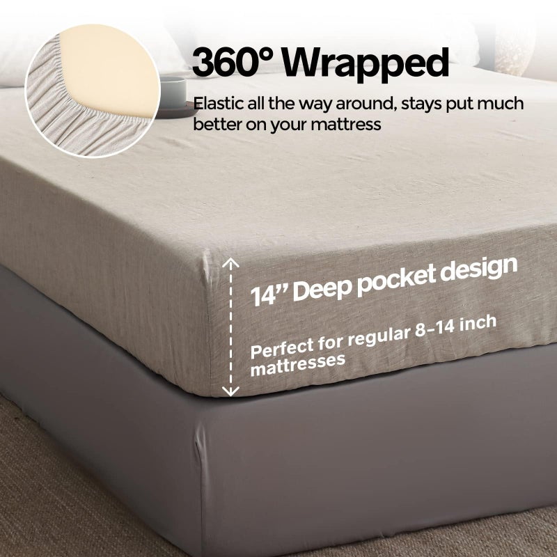 Simple&Opulence 100% Linen Fitted Sheet Queen(1 Piece), 14 Inch Deep Pocket Mattress Cover Natural French Flax Stone Washed Farmhouse Soft Breathable Bottom Sheets-Linen - Image 3